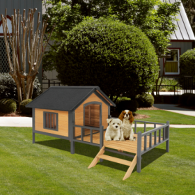 Outdoor Large Wooden Cabin House Style Wooden Dog Kennel with Porch (Option: Honey)